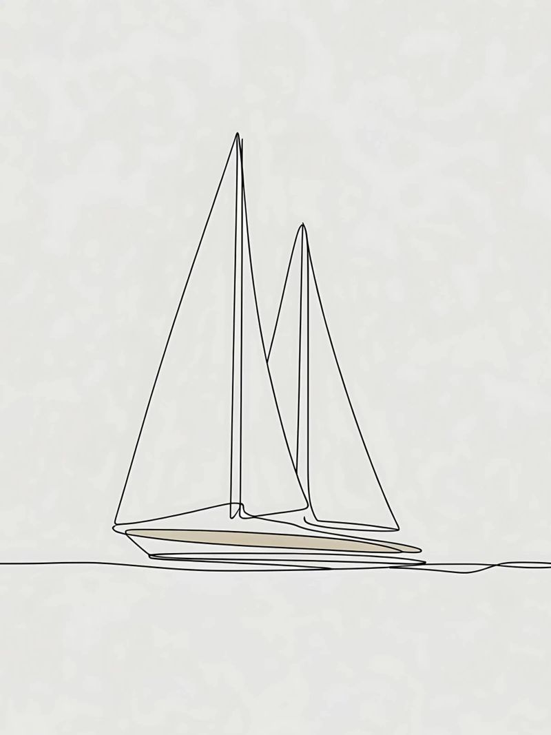 Minimalistische Linienzeichnung eines segelnden Bootes | Modern Abstract Leinwand von Viv Line Art