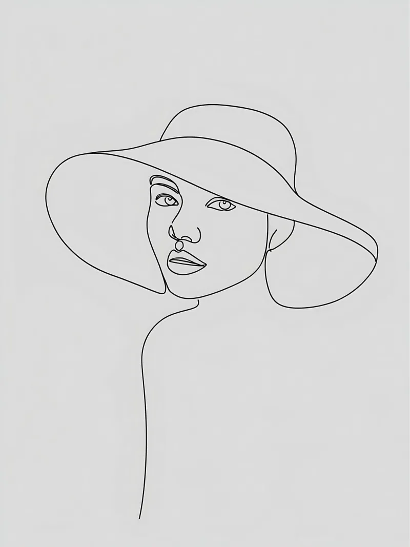 Dessin au trait minimaliste d'une femme avec un chapeau | Modern Abstrac hahnemühle de Viv Line Art