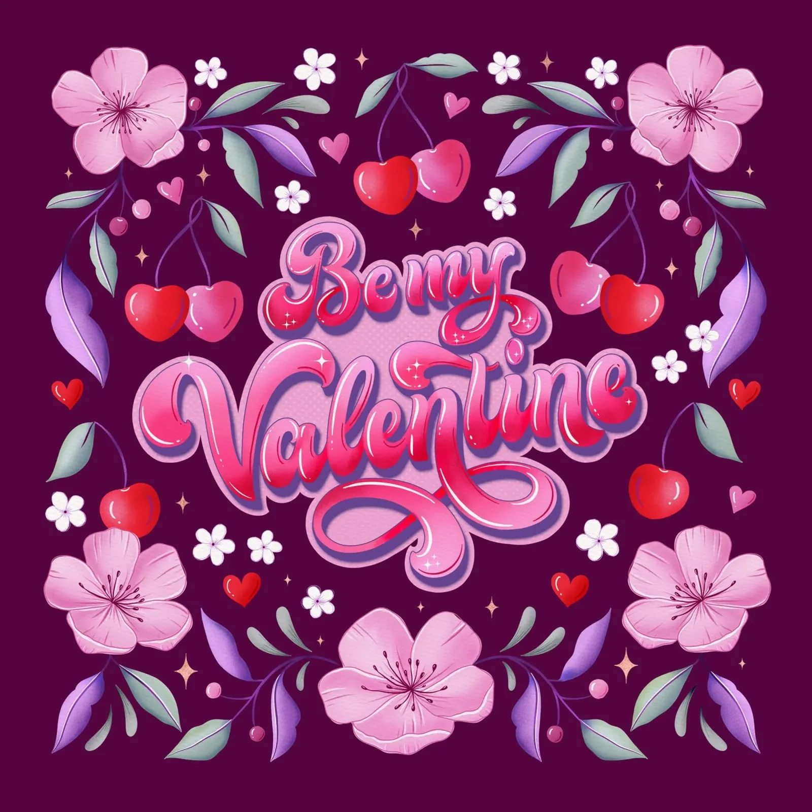 Fiori di ciliegio, cuori e ciliegie. Sii il mio Valentino. poster con telaio in legno da CalliLetters
