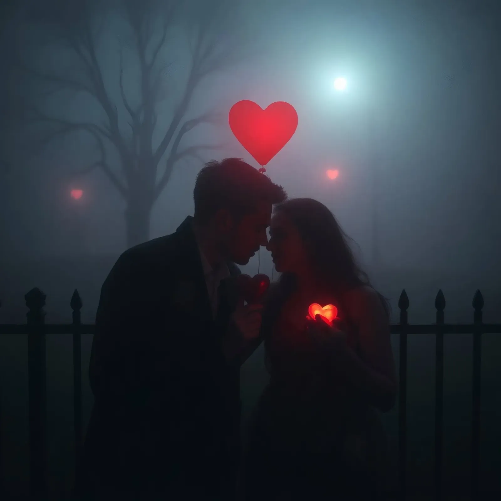 Couple romantique partageant un moment avec des cœurs lumineux poster avec cadre en bois de DesignDoodle
