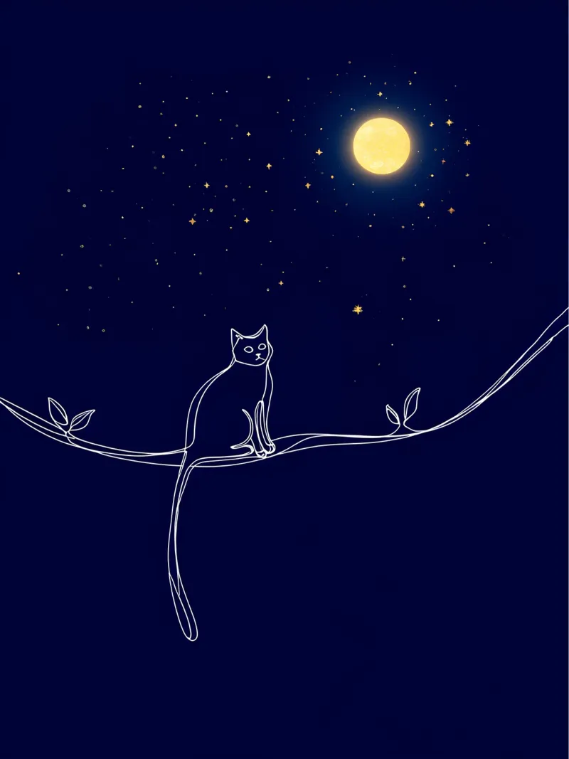 Minimalist Line Drawing of a Cat on a Wire Looking at the Mo canvas by Viv Line Art