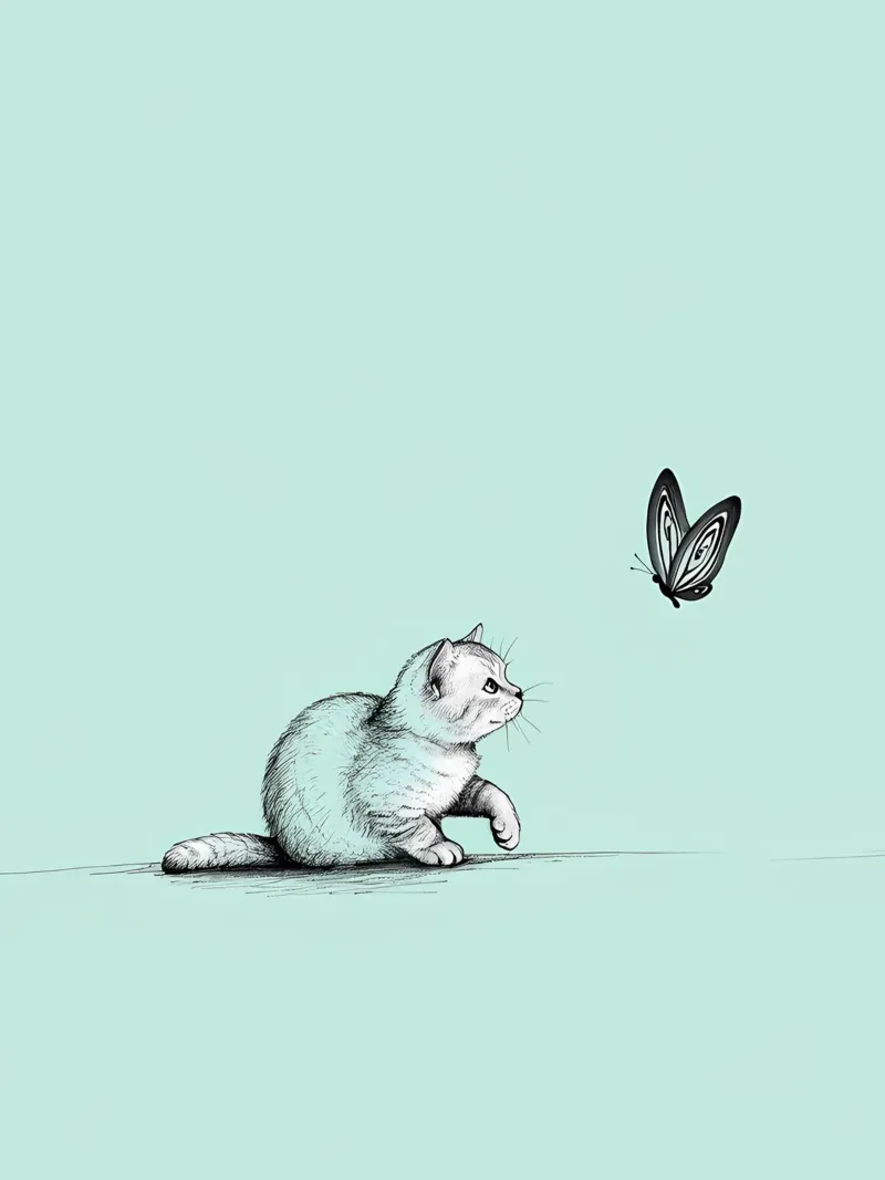 Minimalist Line Drawing of a Cat with Butterfly | Modern Abs alu-dibond by Viv Line Art
