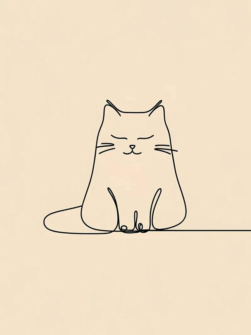Dessin au trait minimaliste d'un chat assis paisiblement | Moderne toile de Viv Line Art