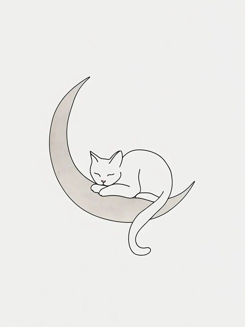 Minimalist Line Drawing of a Cat Sleeping on the Moon canvas by Viv Line Art