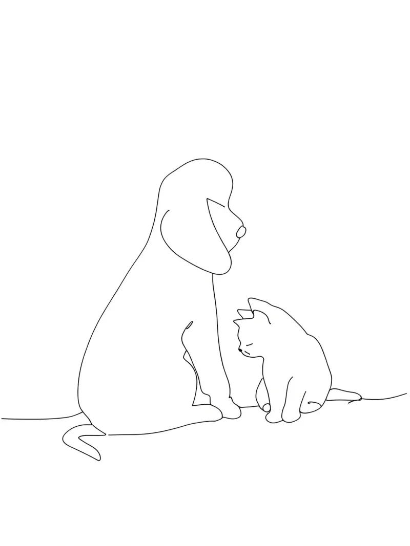 Dessin minimaliste d'un chien et d'un chat assis ensemble hahnemühle de Viv Line Art