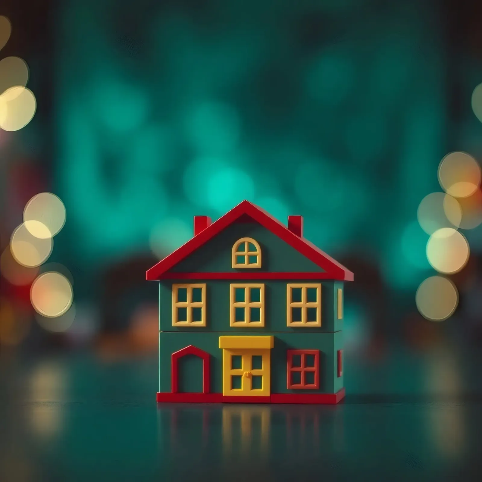 Casa giocattolo colorata su un tavolo con luci soffuse e sfocate pellicola backlit da DesignDoodle