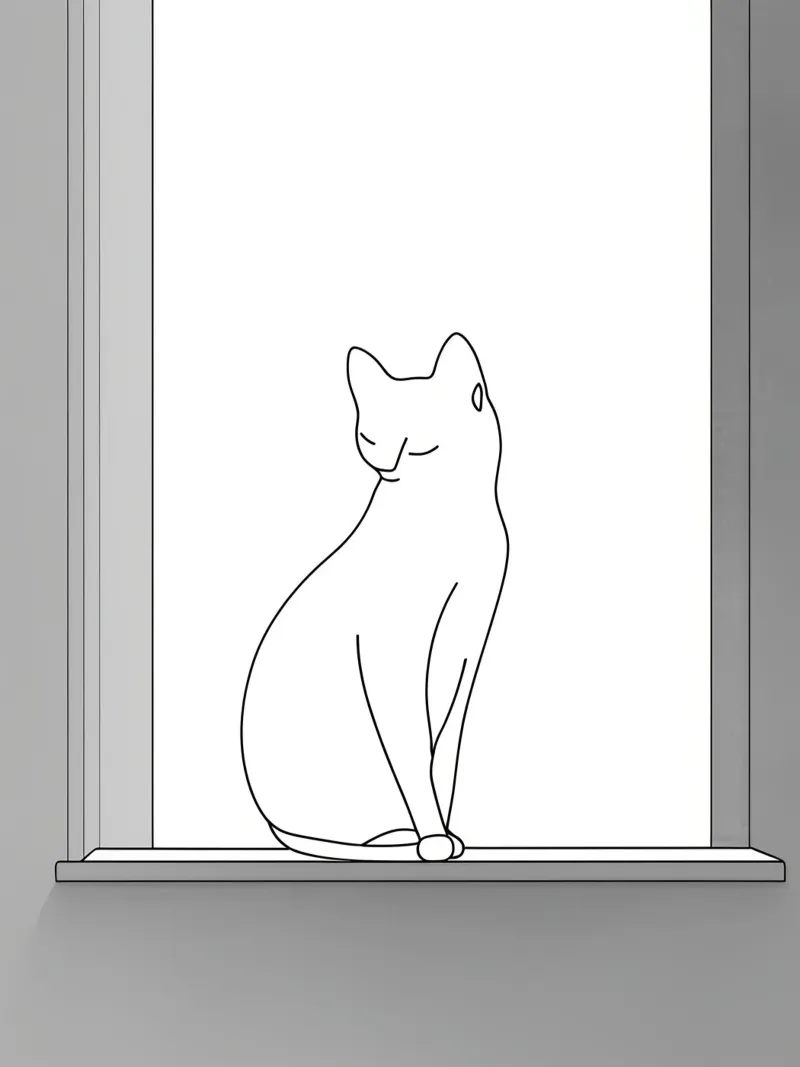 Minimalist Line Drawing of a Cat Sitting on a Window canvas by Viv Line Art