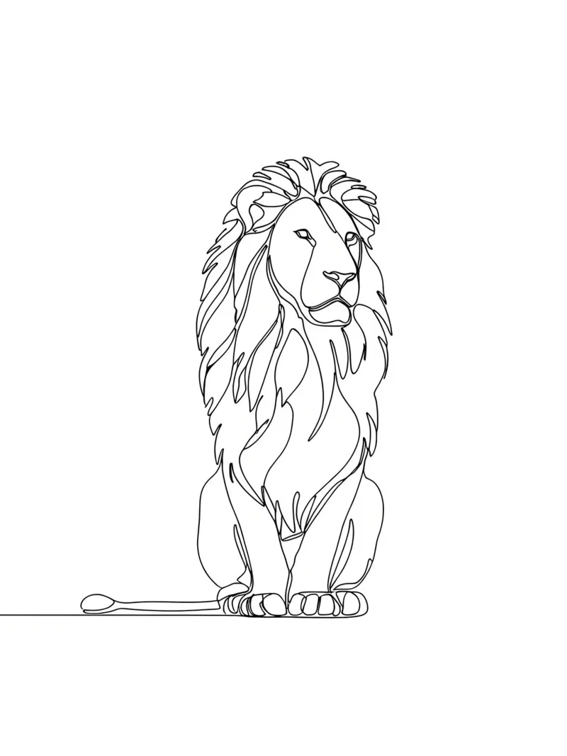 Disegno lineare minimalista di un leone seduto e pacifico | Moderno plexiglass da Viv Line Art