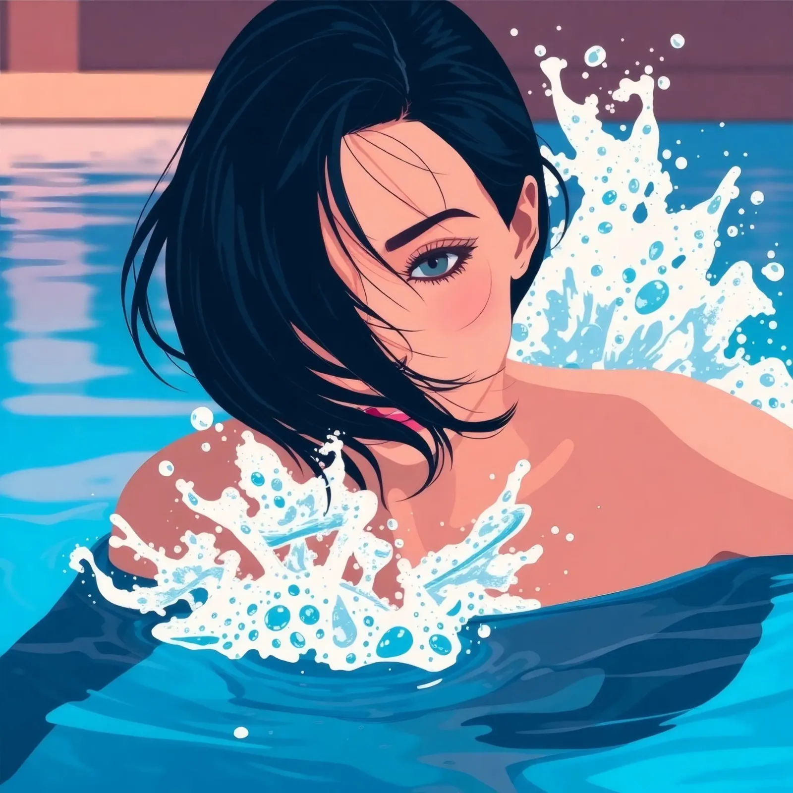 Mujer nadando en una piscina, disfrutando de un momento refrescante metacrilato de DesignDoodle