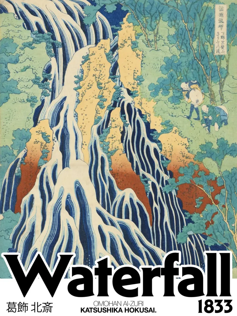 Poster grafico Hokusai Waterfall poster con telaio in legno da Peaches Art Prints