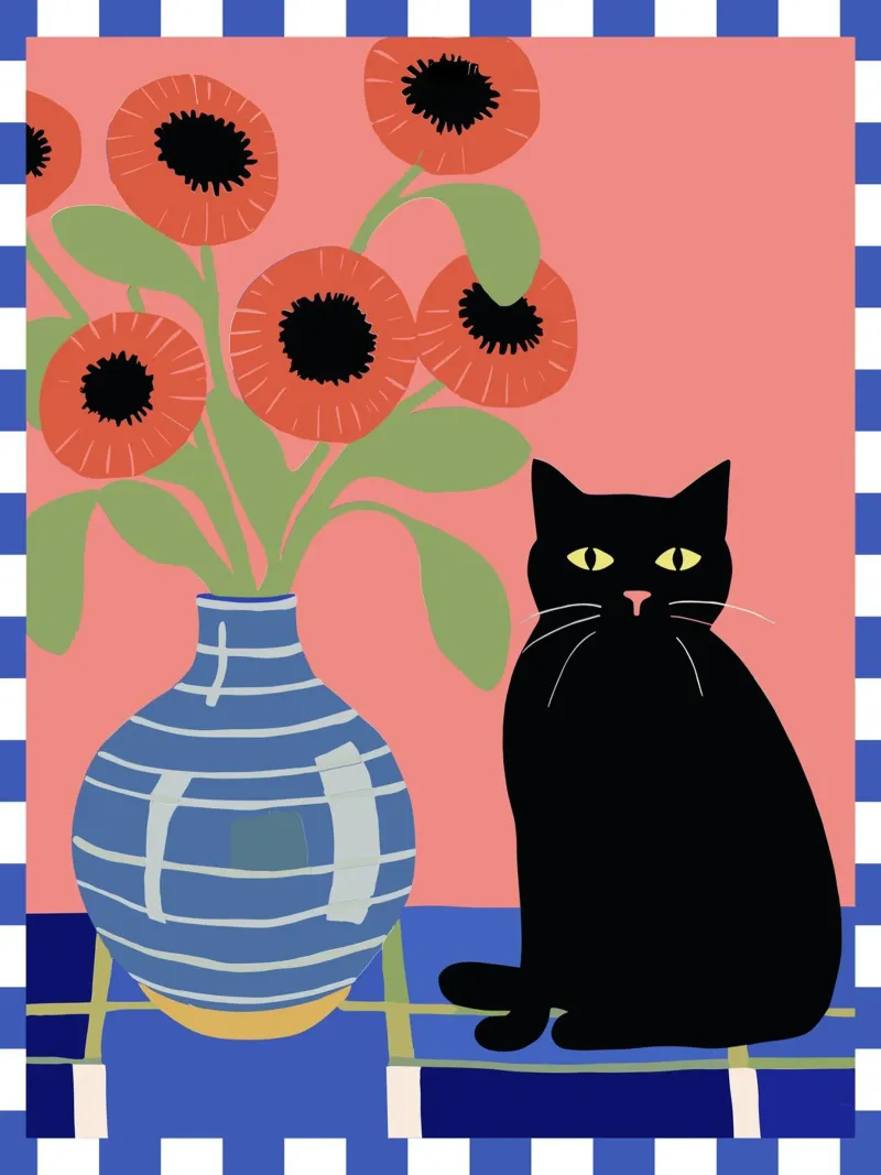 Illustrazione di un gatto nero con fiori pellicola backlit da Peaches Art Prints