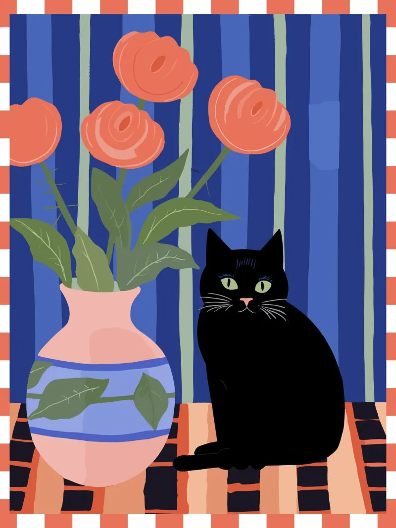 Black Cat with a Vase of Roses backlit film by Peaches Art Prints