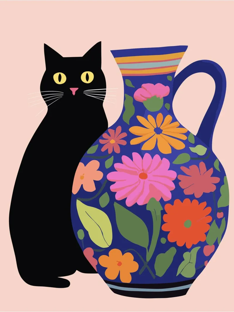 Gatto nero con vaso fiorito alluminio dibond da Peaches Art Prints