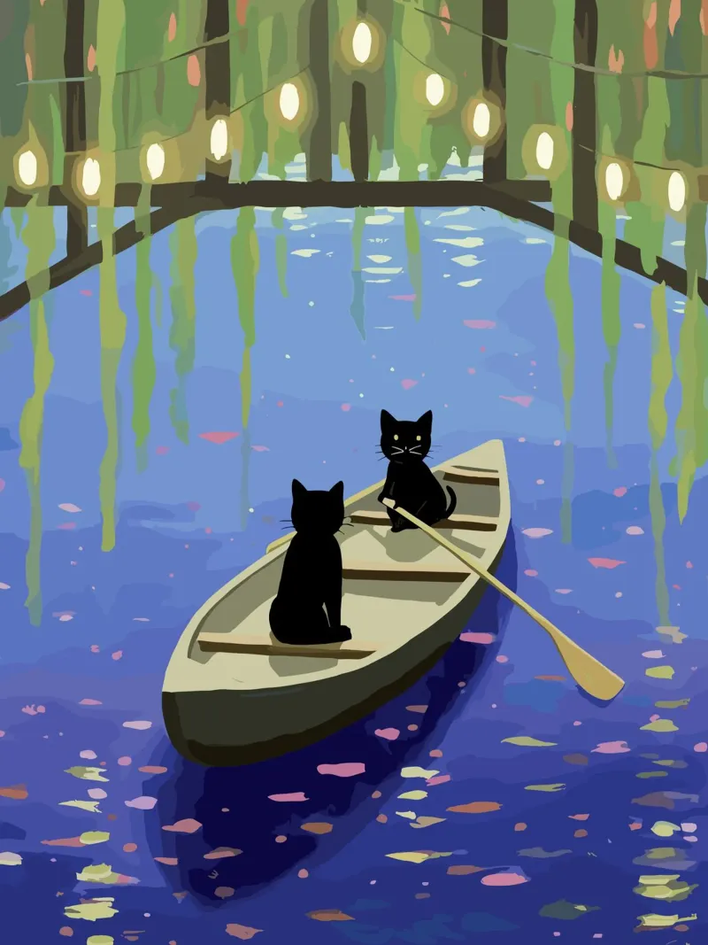 Gatti neri su una barca - Illustrazione carina plexiglass da Peaches Art Prints