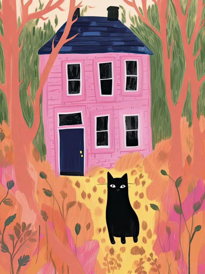 Illustrazione di gatto nero e casa rosa poster da Peaches Art Prints