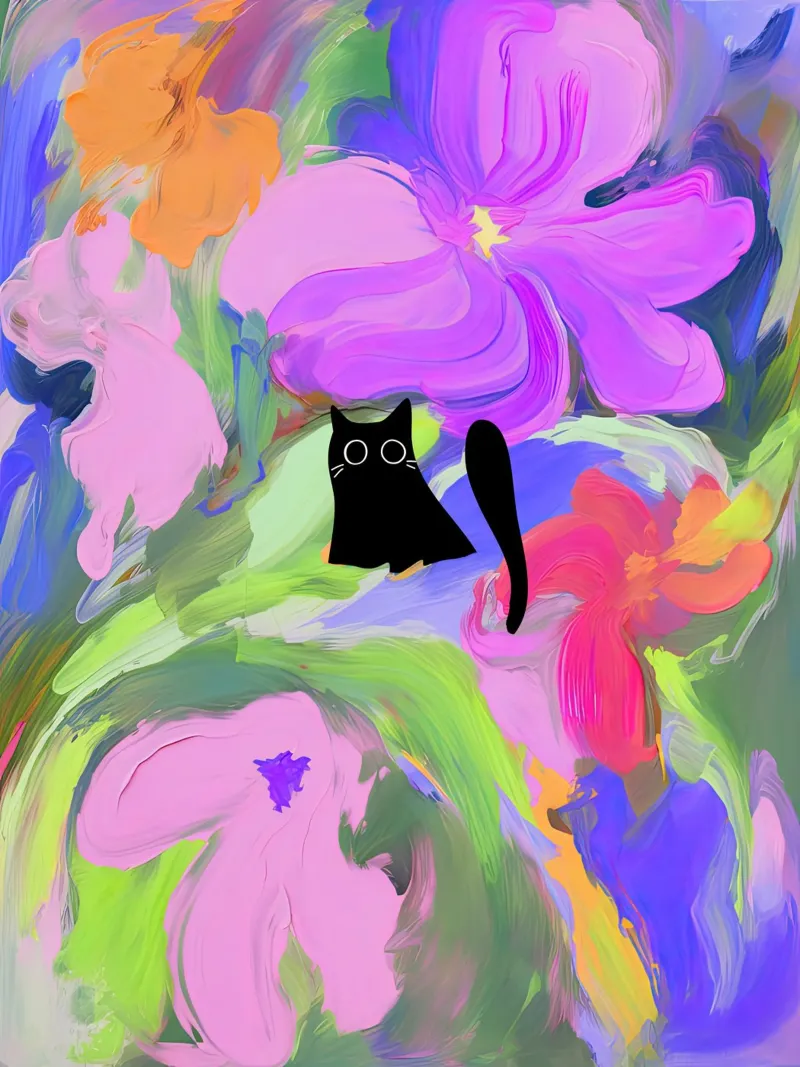 Gatto nero tra i fiori dipinti a olio poster con telaio in plastica da Peaches Art Prints