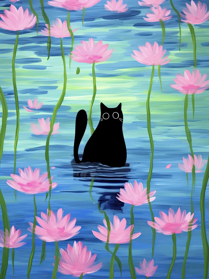 Gatto nero in uno stagno con fiori di loto rosa Illustrazione pellicola backlit da Peaches Art Prints