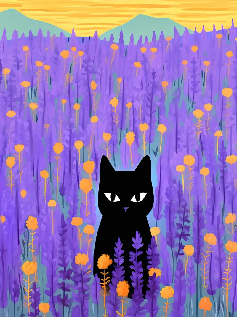 Gatto nero in un campo di lavanda - Illustrazione di fiori pellicola backlit da Peaches Art Prints