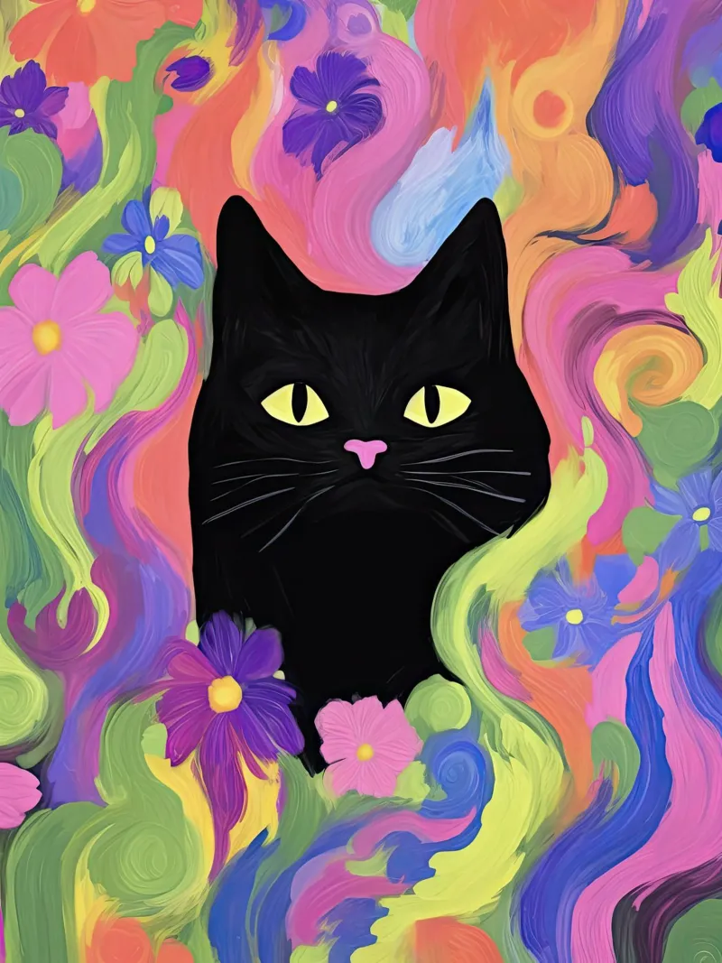 Black Cat Portrait in Colorful Flower Abstract Background canvas by Peaches Art Prints