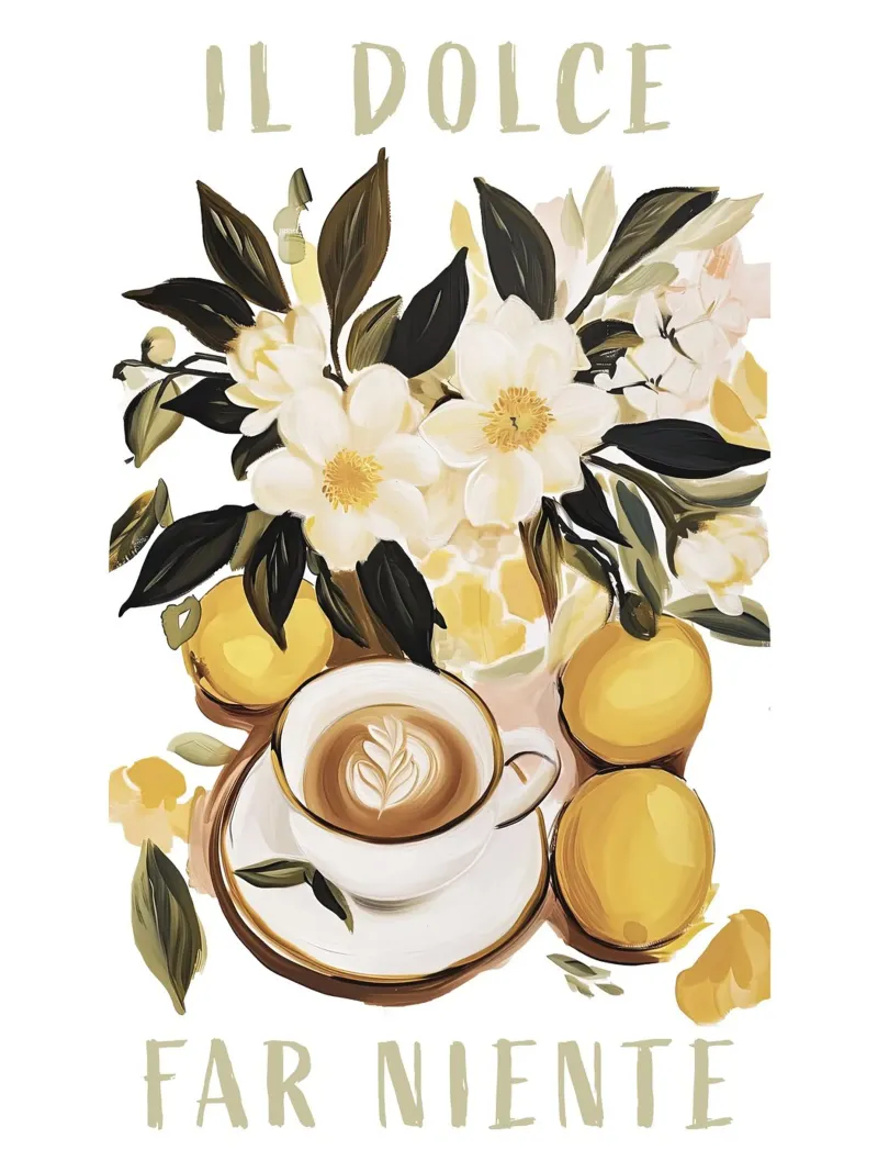 Il Dolce Far Niente, Caffè e Limoni, Viaggio in Italia poster con telaio in legno da Peaches Art Prints