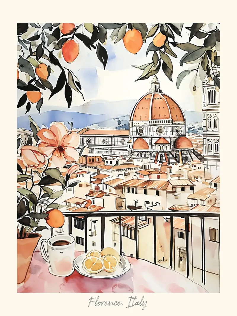 Florence Italië Zicht met Sinaasappels Aquarel - Reiskunst canvas met Baklijst van Peaches Art Prints