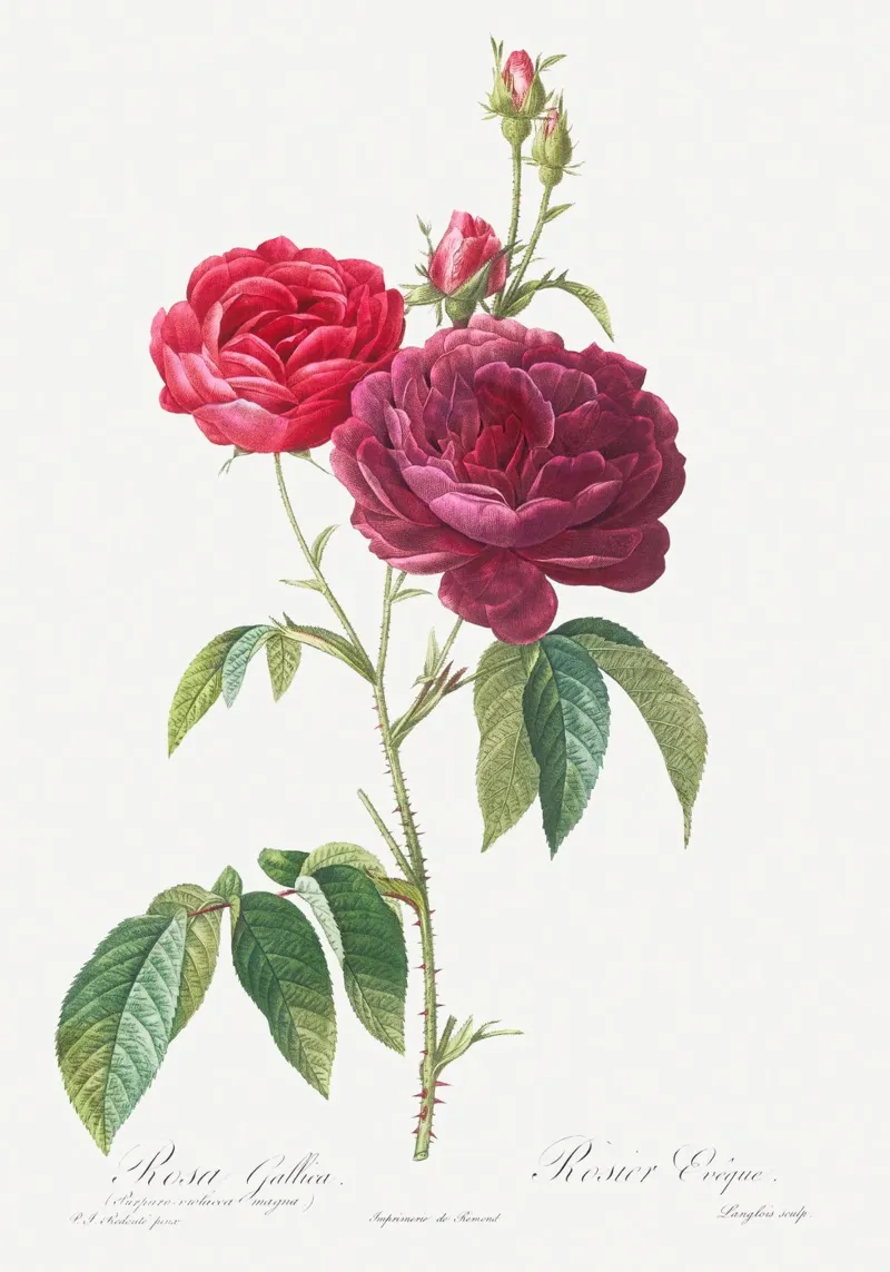 Rosa francese viola di Pierre-Joseph Redouté pellicola backlit da Vintage Botanical Prints