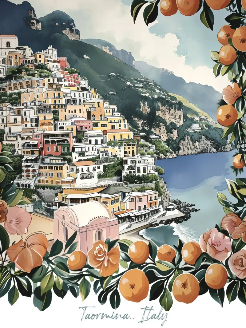 Taormine, Italie, aquarelle vue côtière avec oranges toile avec Caisse américaine de Peaches Art Prints