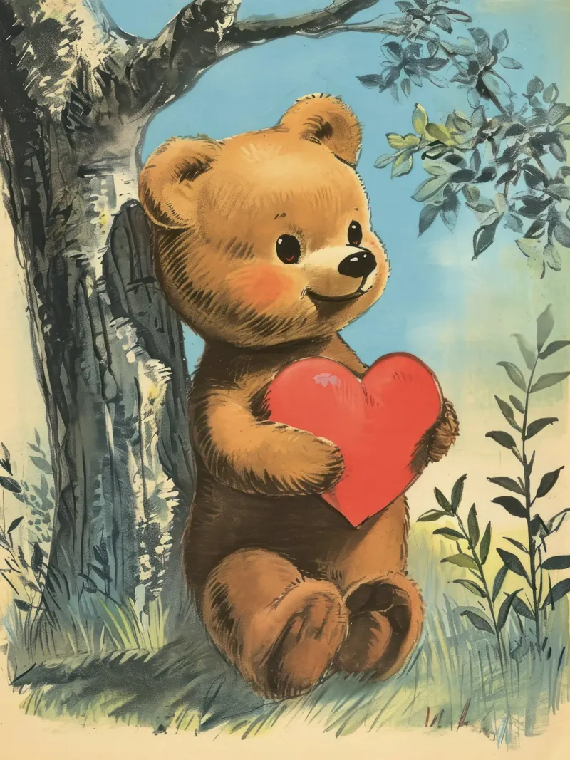Valentines Day, Vintage Bear with Heart - Drawing canvas with Floater frame by Peaches Art Prints