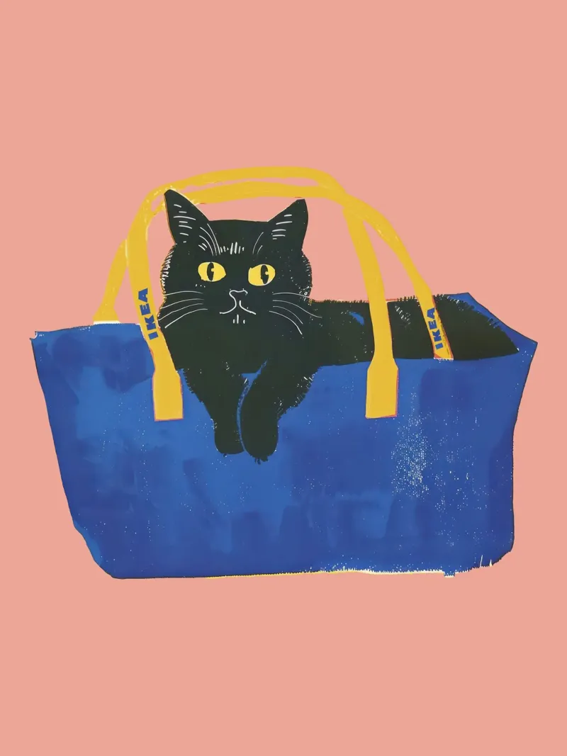 Illustrazione di un gatto nero in una borsa blu pellicola backlit da Peaches Art Prints