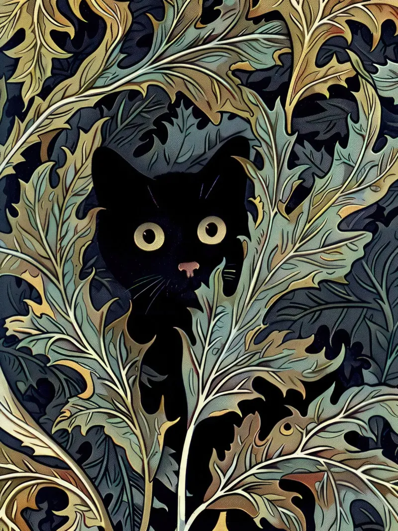Stampa gatto inWilliam Morris Botanical, Gatto nero floreale poster con telaio in legno da Peaches Art Prints