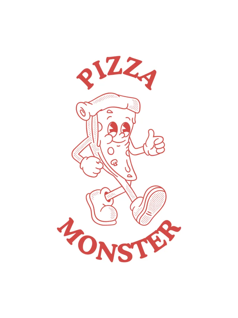 Illustrazione del cartone animato del mostro della pizza in rosso poster con telaio in plastica da Peaches Art Prints
