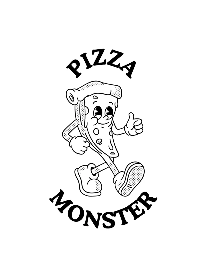 Pizza Monster, Retro Beeldverhaal Zwart canvas met Baklijst van Peaches Art Prints