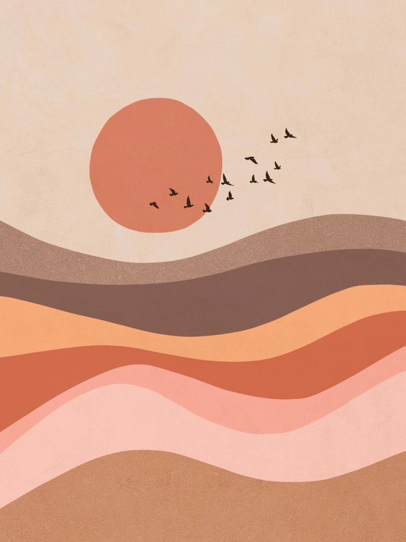Troupeau d'oiseaux sur un paysage au lever du soleil - Mocha Mousse poster de Dominique Vari
