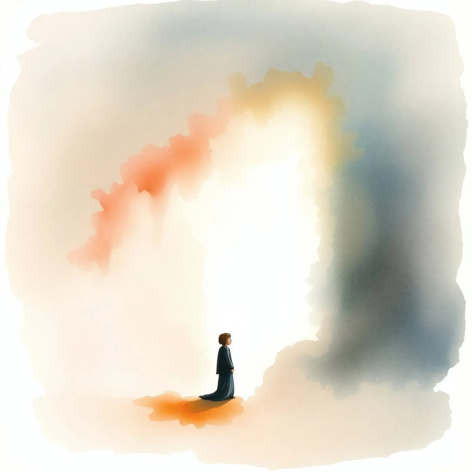 Bambino in piedi davanti a una luce colorata e a una nebbia scura all'alba pellicola backlit da DesignDoodle