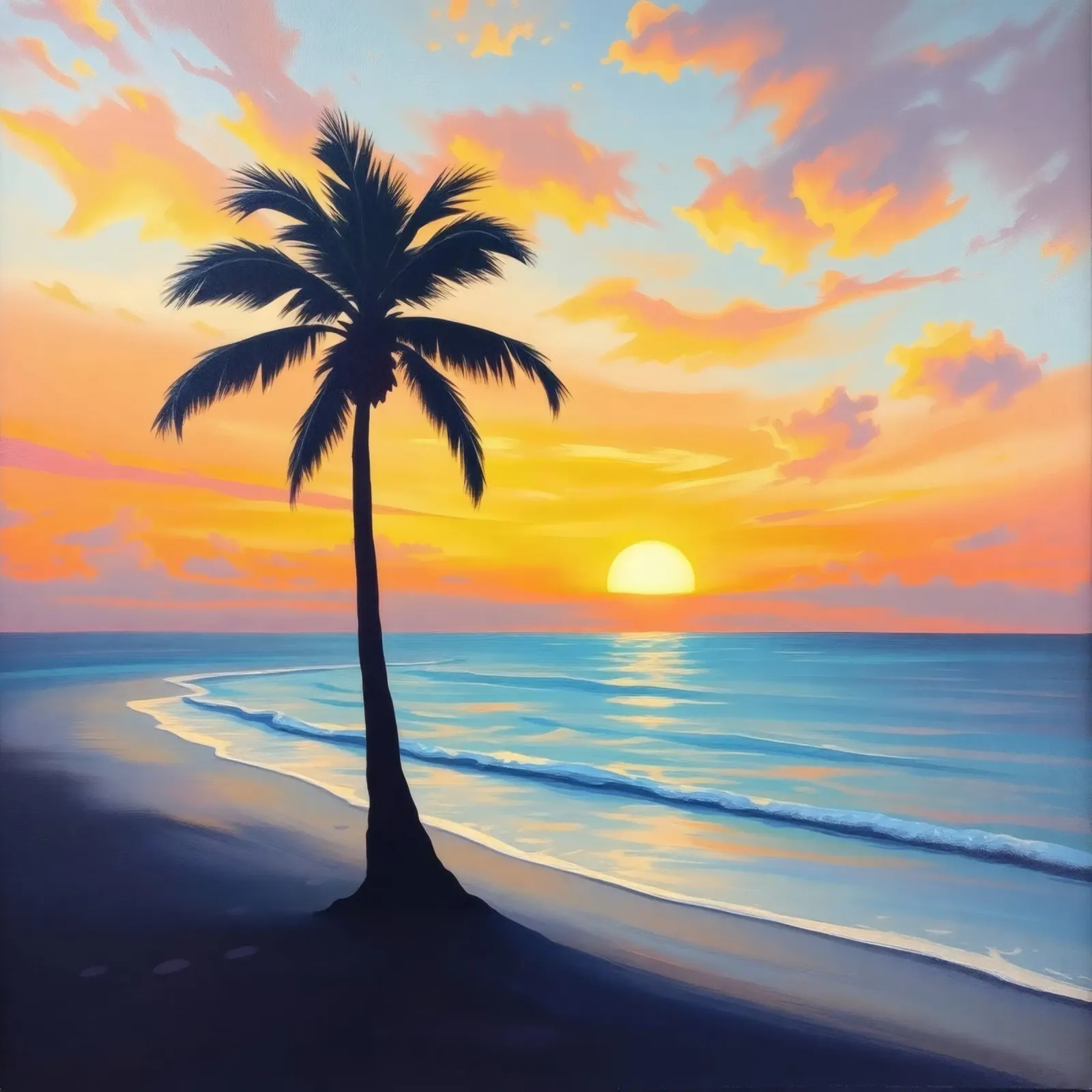 Sunset over the ocean with a lone palm tree on a beach canvas by DesignDoodle