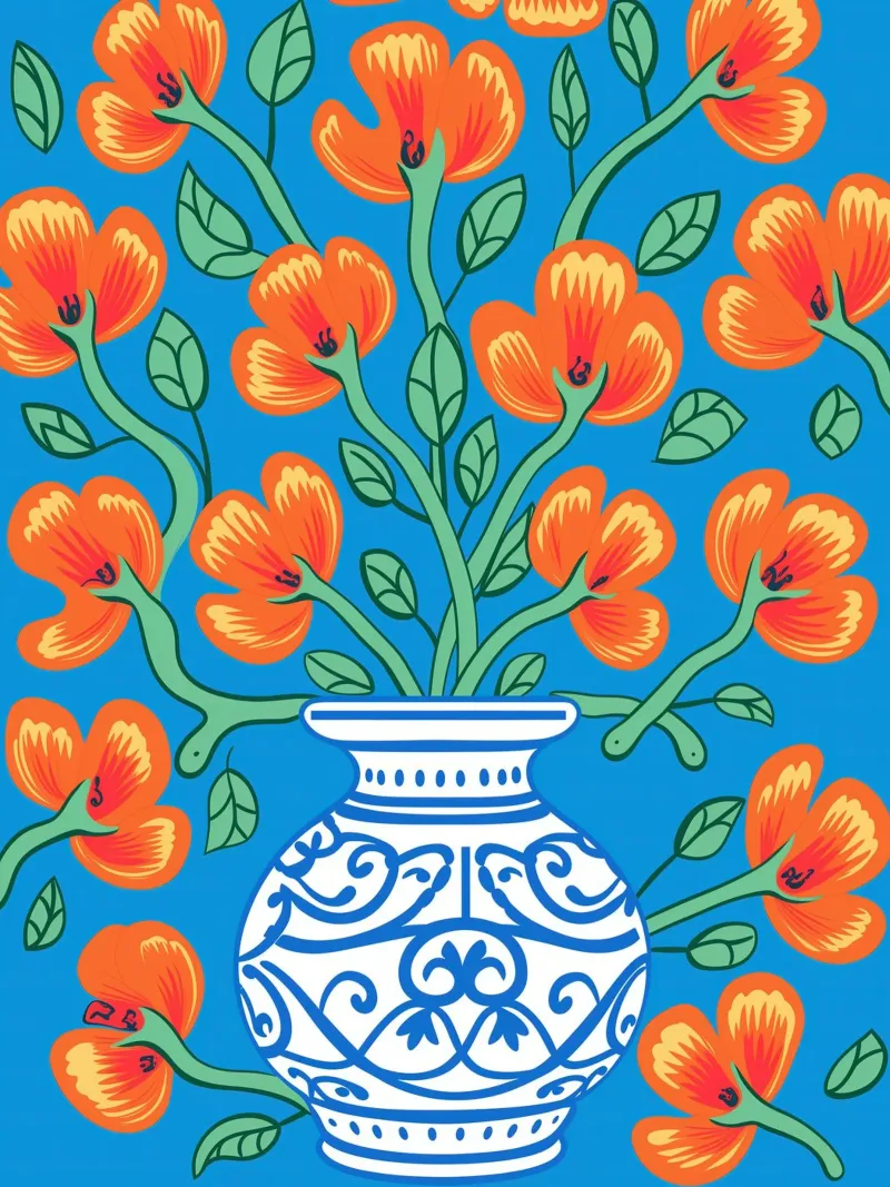 Pianta d'appartamento molto fiorifera nei colori arancio e blu poster con telaio in legno da Autofocus