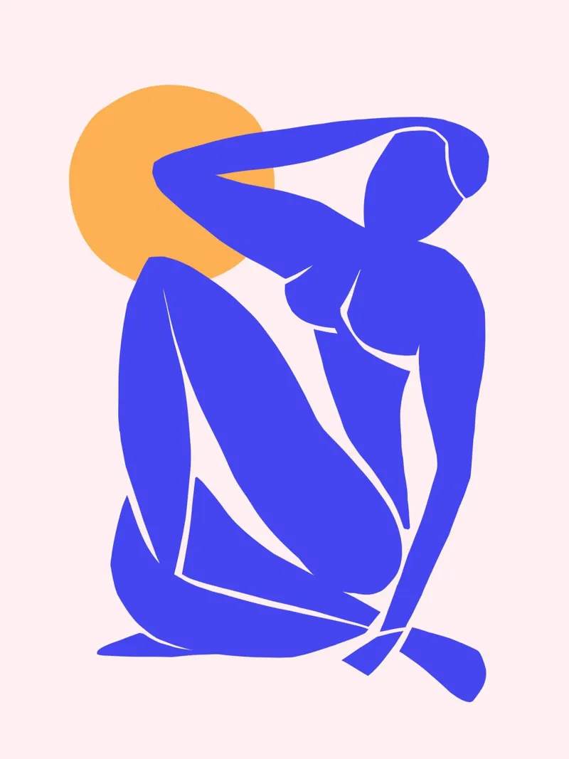Von Matisse inspirierte abstrakte blaue Dame in der Sonne Poster mit Holzrahmen von Dominique Vari