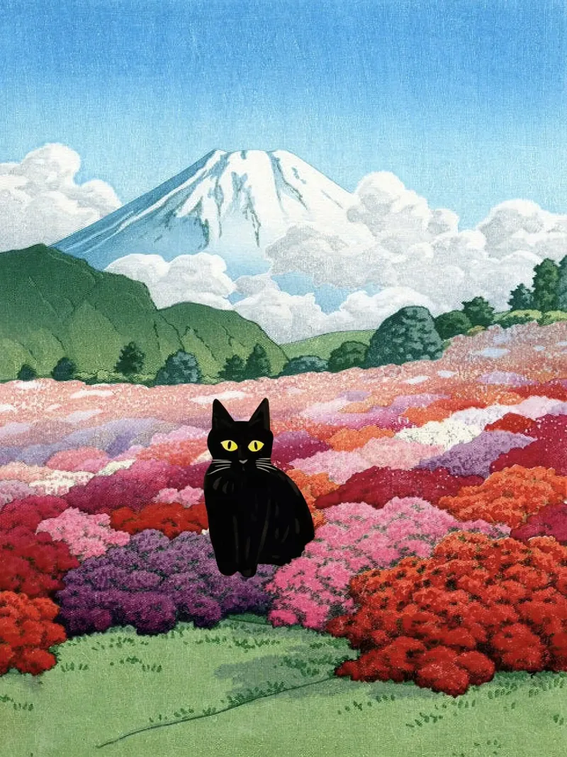 Vista del Monte Fuji da un giardino di azalee, Gatto nero tela con Cornice a cassetta da Peaches Art Prints