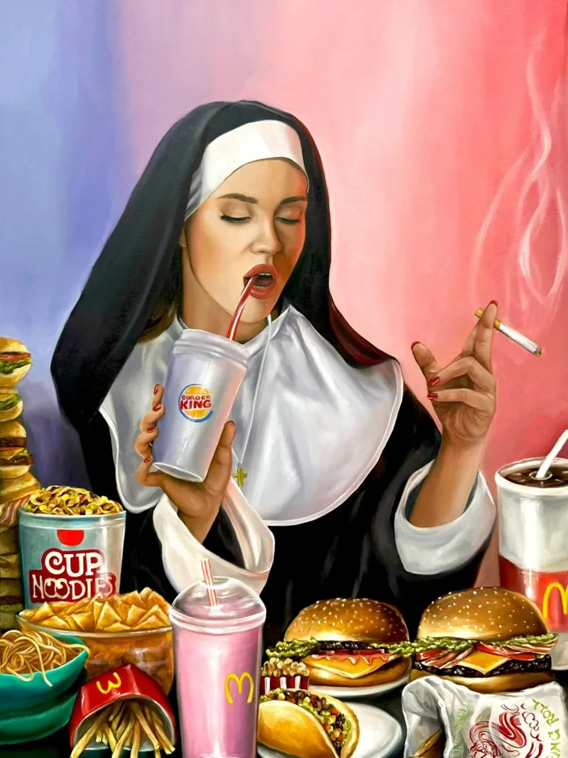 Always Hungry - Nonne mit Cheeseburger und Zigarette poster da Orjenal Kölsch