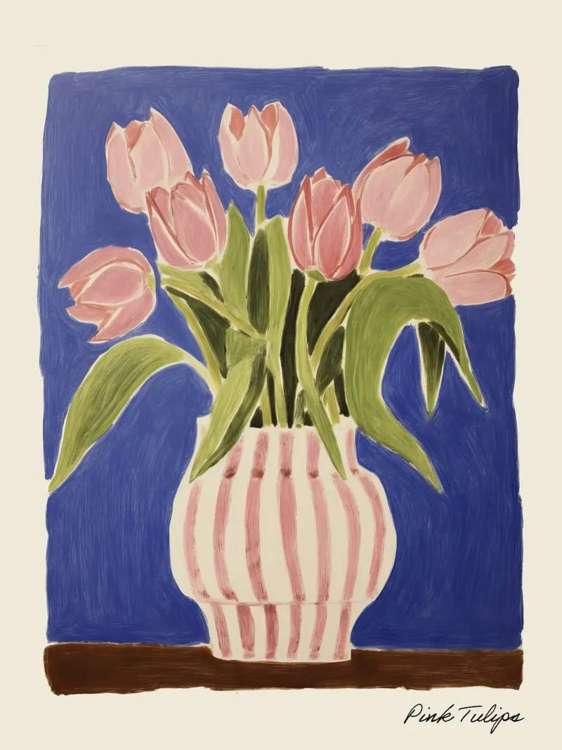 Rosa Tulpen in einer Vase Gemälde Leinwand mit Schattenfugenrahmen von Peaches Art Prints