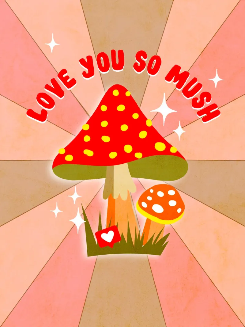 Retro mushroom love pun "Love you so much" backlit film by Dominique Vari