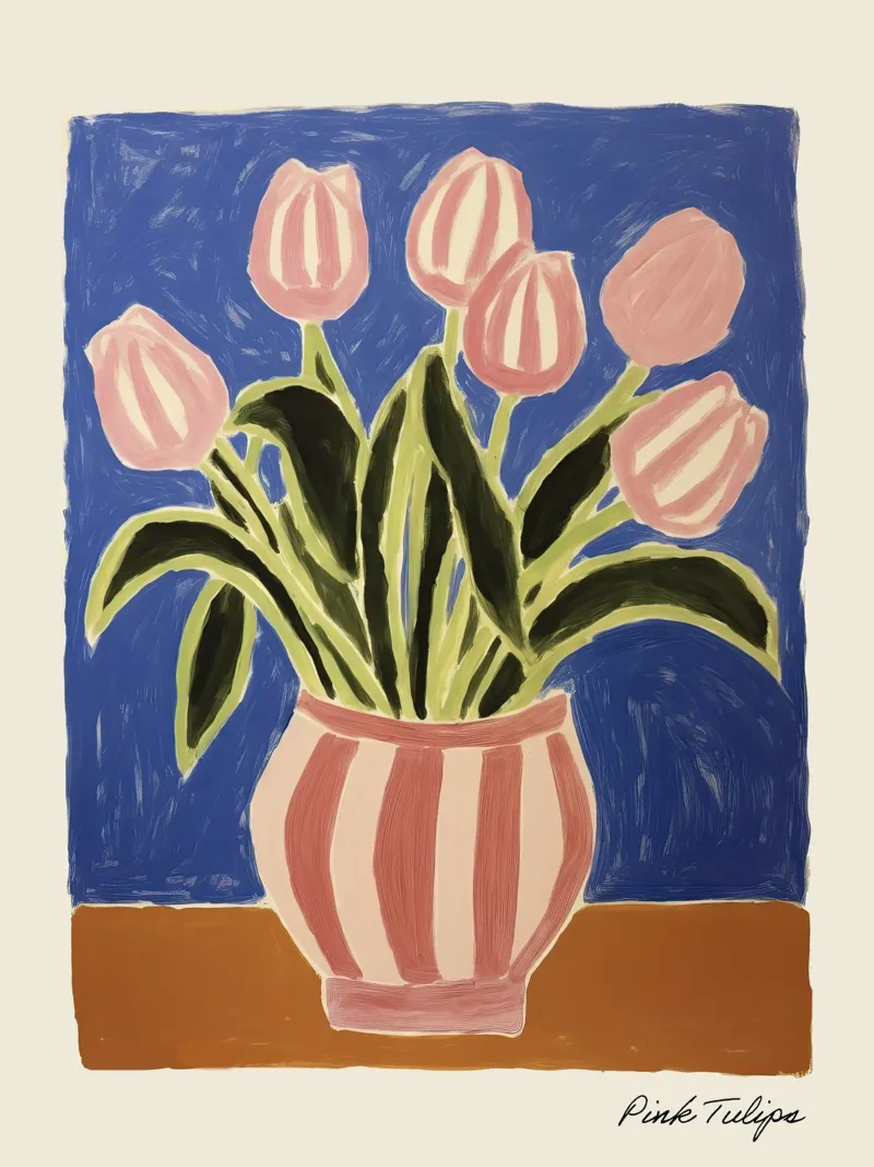Roze Tulpen met Gestreepte Vaas Schilderen canvas met Baklijst van Peaches Art Prints