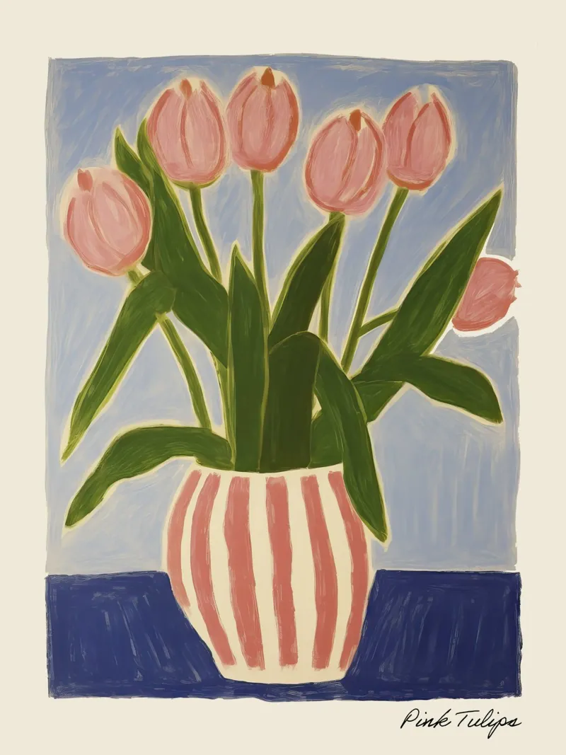 Peinture de tulipes roses avec vase alu dibond de Peaches Art Prints
