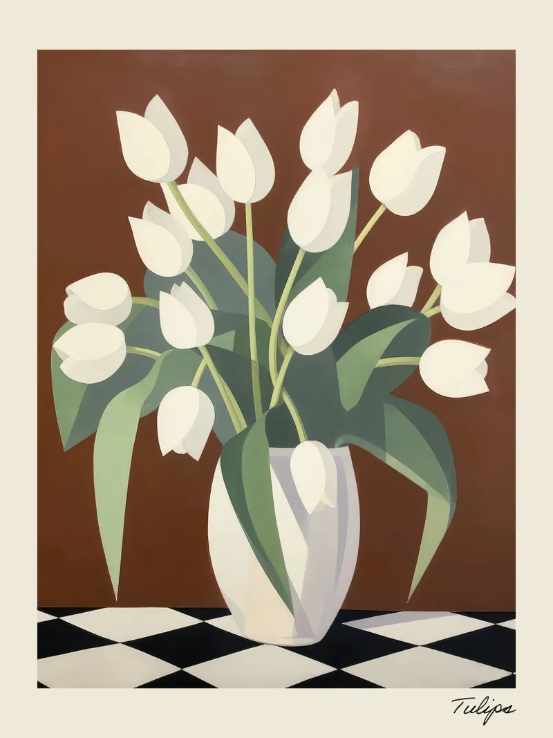 Witte tulpen op bruine achtergrond bloemig canvas met Baklijst van Peaches Art Prints