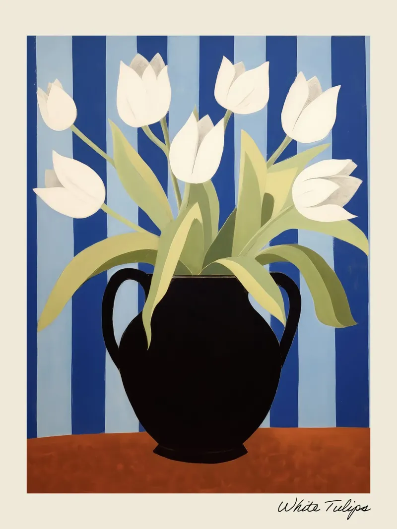 Weiße Tulpen in einer schwarzen Vase - Gemälde Leinwand mit Schattenfugenrahmen von Peaches Art Prints