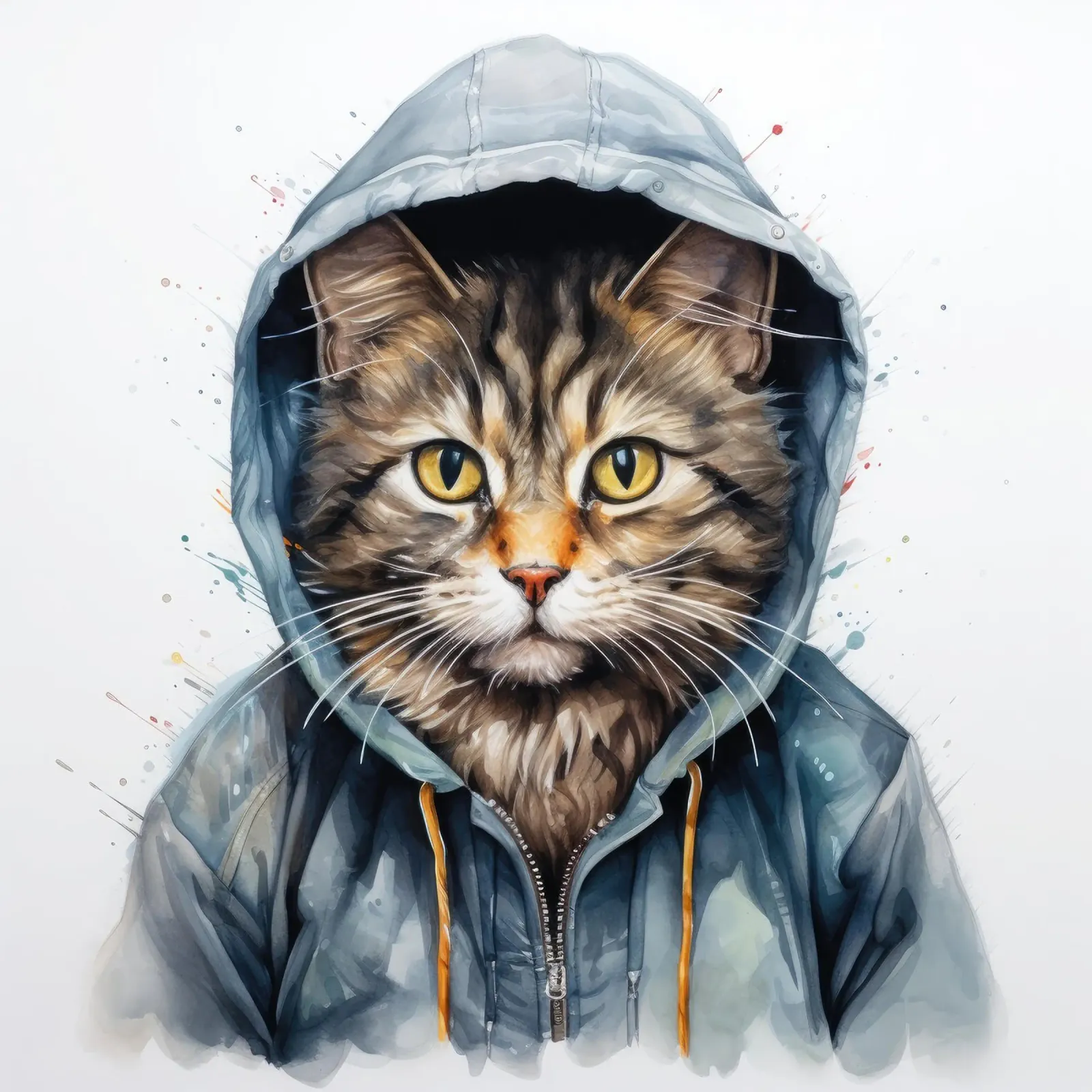 Gatto acquerellato con cappuccio poster con telaio in legno da Animal Portraits