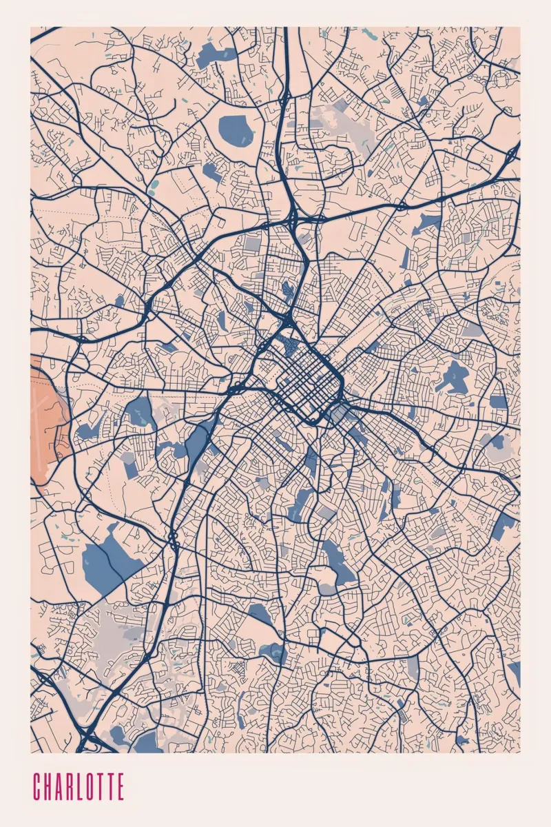 Mappa della città di Charlotte poster con telaio in alluminio da MOOODZART
