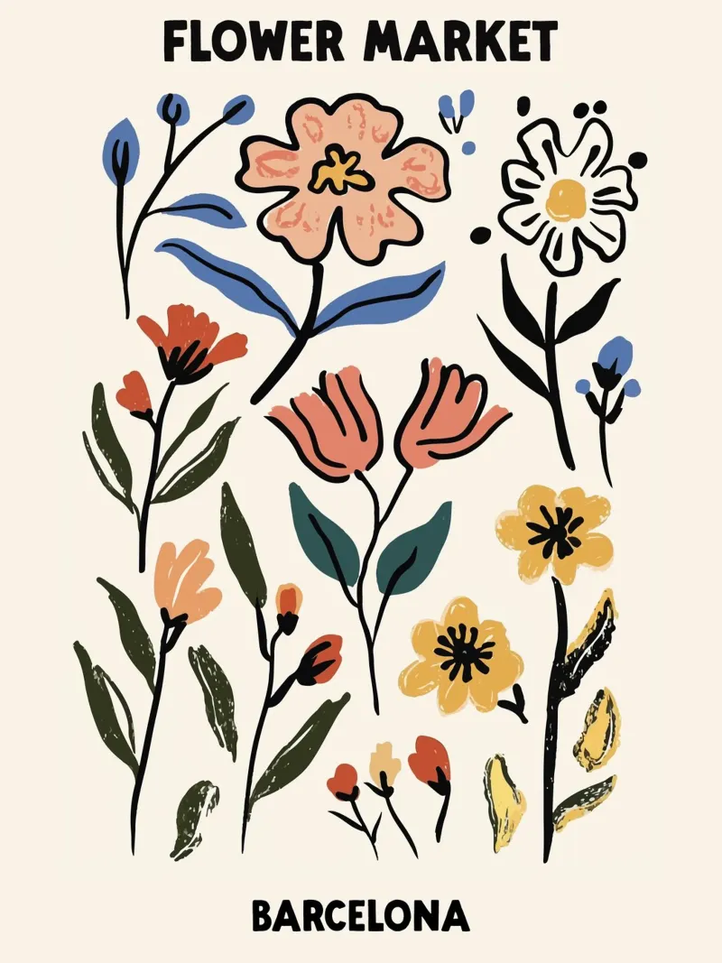 Mercato dei fiori, Barcellona, Spagna, Illustrazione poster con telaio in alluminio da Peaches Art Prints