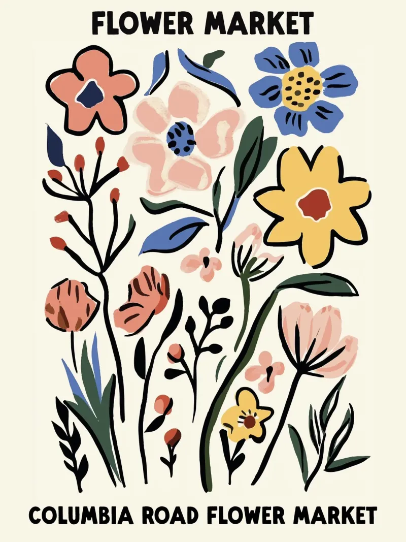 Mercato dei fiori, Londra, Columbia Road, Illustrazione poster con telaio in plastica da Peaches Art Prints
