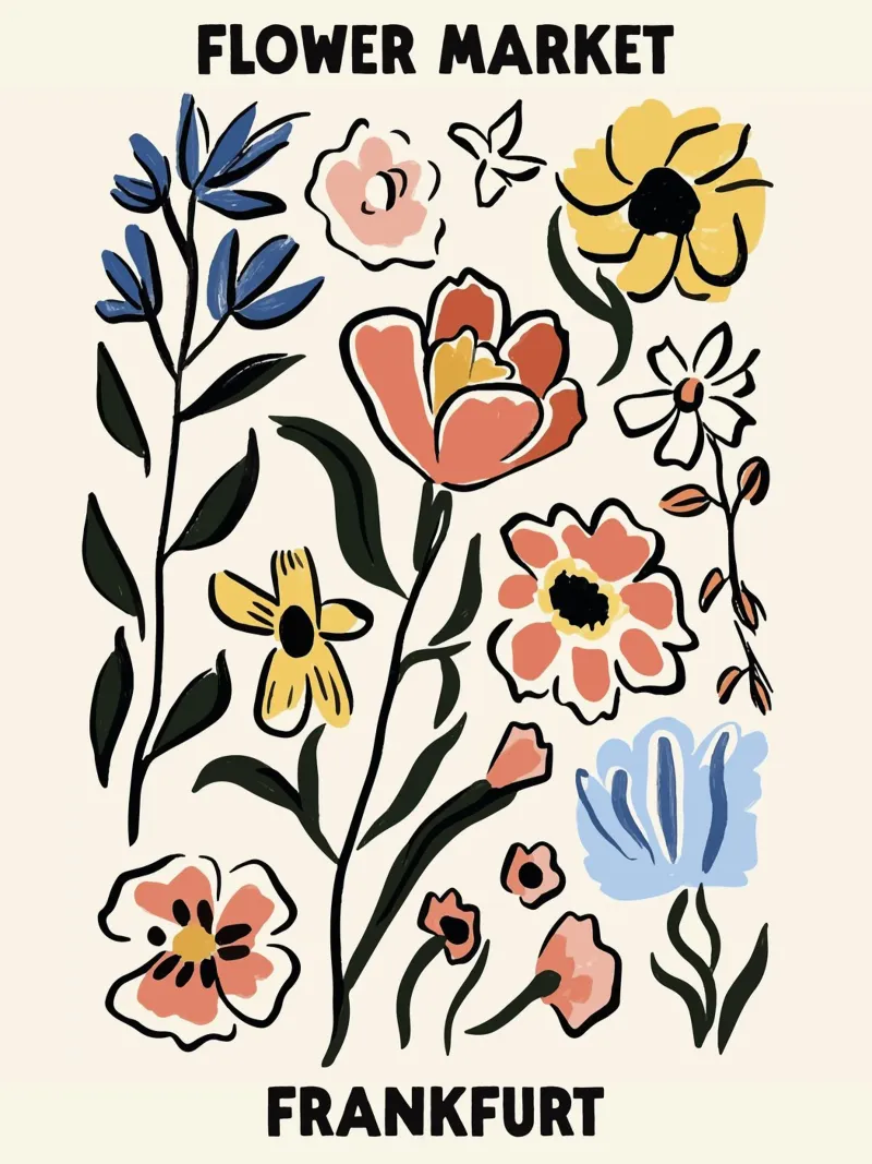 Mercato dei fiori, Francoforte, Germania, Illustrazione poster con telaio in legno da Peaches Art Prints